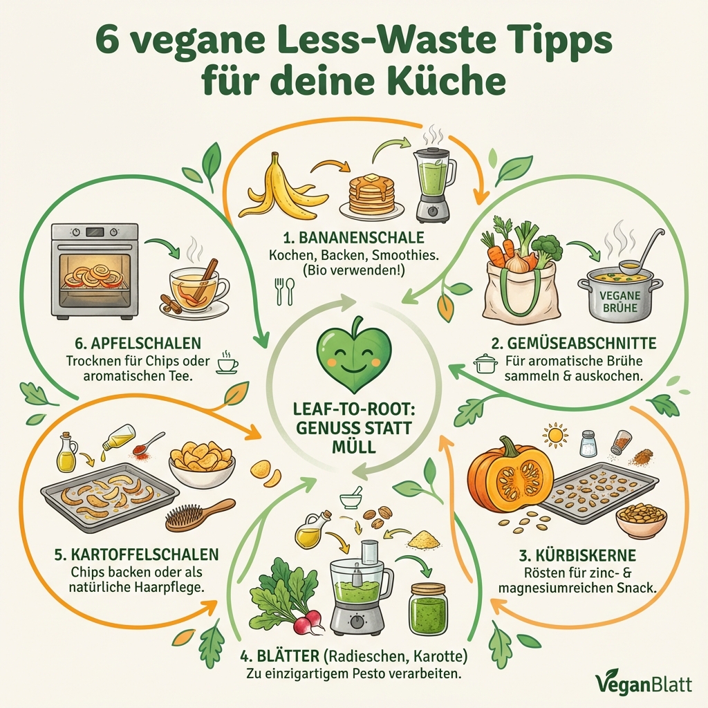 Infografik: 6 vegane Less-Waste Tipps für deine Küche
